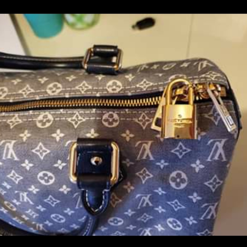 Louis Vuitton Blue/Gray Monogram Speedy-Style Satchel with Blue Handles - Picture 3 of 10